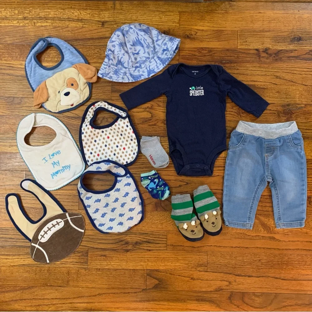 Baby Boy LS Shirt Pants Bibs Hat Socks & Shoes Bundle LS Onesie Blue Jean Pants